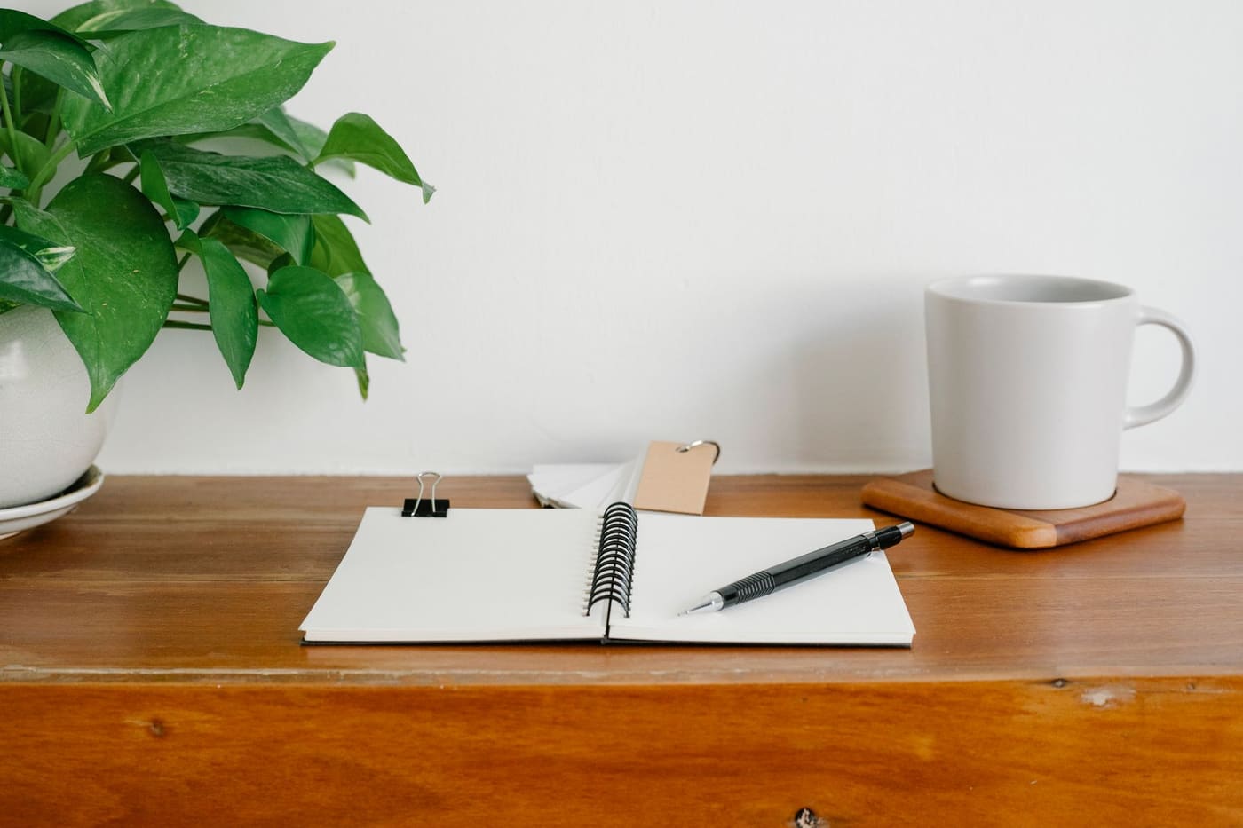 A wooden desk with an open notebook and pen, a white mug and a leafy green plant